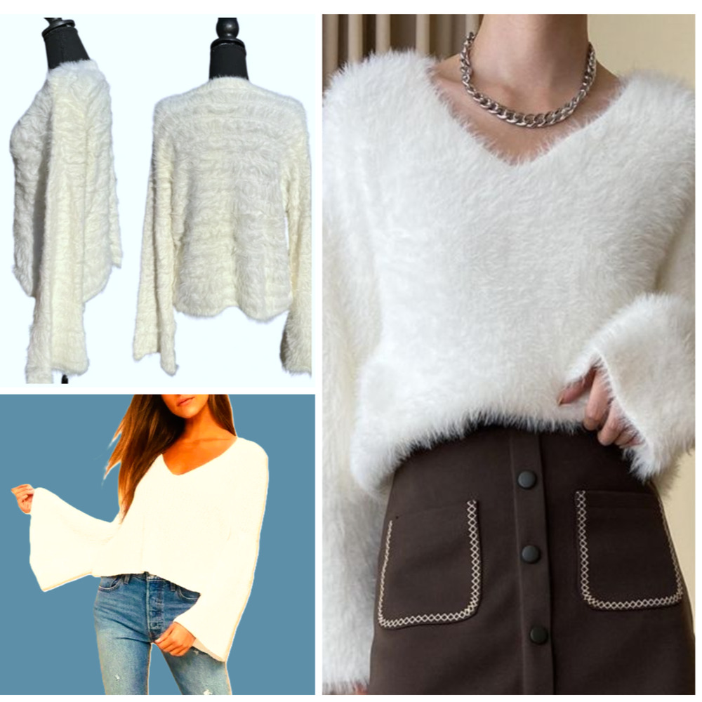 Boston Proper Oversized Sweater M V Neck Ivory Fuzzy Soft Bell Flare Sleeve Boho